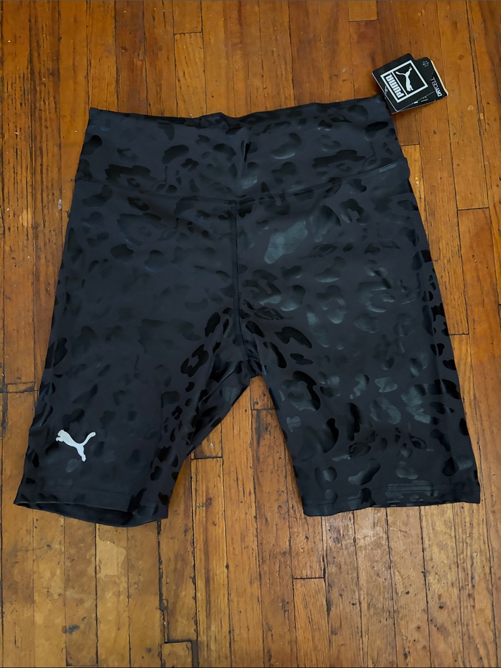 Puma Black Glossy Leopard Bike Shorts with Reflective Logo NWT